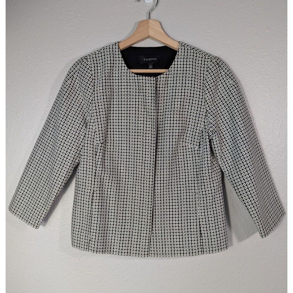 Talbots Cotton Blend Jacquard Jacket White Black Size 2 Petite